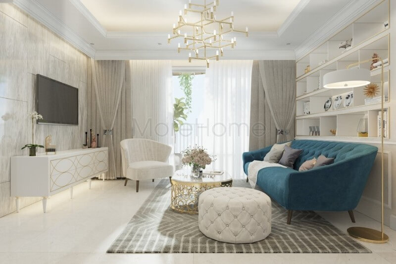 Bộ sofa đẹp bọc nỉ màu xanh ấn tượng được coi là điểm nhấn sang trọng, tạo sự tươi mới cho không gian phòng khách của gia chủ Sofa tân cổ điển cao cấp